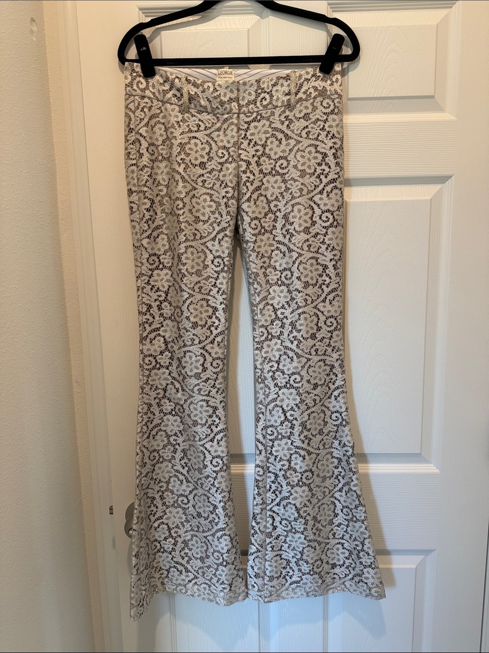 George Cream and Gray Lace-Pattern Flare Pants size 2 beige metallic